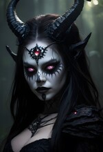 A Woman Transformed Into A Supernatural Creature With Horns And Purple Eyes, Resembling A Fictional Character From A Dark Fantasy Art Event With Electric Blue Eyelashes