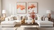 White sofa with terra cotta cushions and golden side tables interior design of modern living room