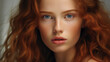 A close-up portrait that captures the ethereal beauty of a young redhead with soulful eyes
