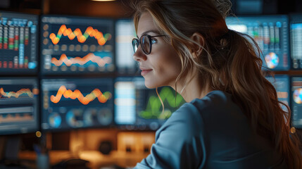 Wall Mural - woman sitting at a desk with advanced trading screens on her computer in her modern apartment. gener