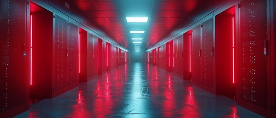 Poster - Corridor in working data center with racks of rack servers and supercomputers as well as high-resolution projections of the Internet.