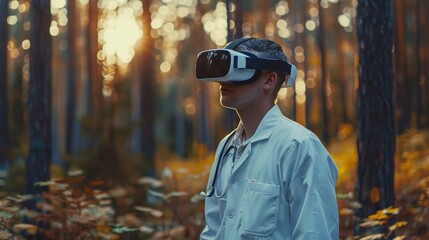 Wall Mural - Rear view of an individual in a VR headset and casual attire immersed in a lush, virtual reality landscape, suggesting a journey or exploration theme.