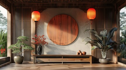 Wall Mural - Chinese New Year decorations on wooden cabinet in living room