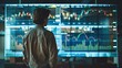 Young man wearing casual clothes looking at a very large screen showing stock market charts with candlesticks, view from behind. Generative AI.
