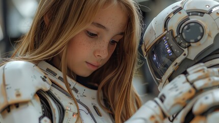 Leinwandbilder - During school, a young girl plays with a humanoid robot