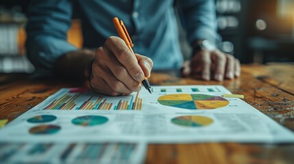 Wall Mural - The team of business consultants is analyzing business plans for profit and stability. Business man holds a pen.