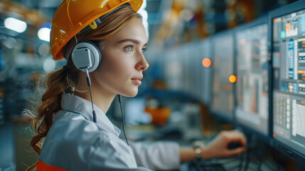 Aufkleber - Engineer Woman Talking with a Headsets using multiple monitors in industry workshop. Generative AI.