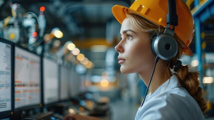 Aufkleber - engineer woman talking with a headsets using multiple monitors in industry workshop. generative ai.