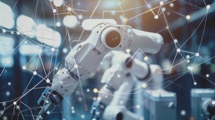 Poster - Digital factory robotic arms that explain the automation manufacturing process of Industry 4.0 or the 4th industrial revolution and the use of IOT software to control operation.