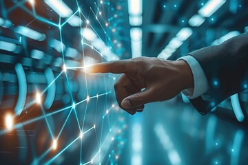 Fototapete - Development, imagination, inspiration, Closeup of Businessman pointing line dot graph corporate future growth plan. Generative AI.