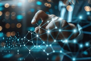 Poster - Inspiration, intelligence, Businessman pointing line dot graph, Developing a Successful Business and a Growing Growth Idea Businessman pointing to the corporate future. closeup. Generative AI.
