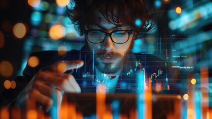 Leinwandbilder - A professional with a tablet, showcasing hologram graphs of stock market trends and charts. Generative AI.