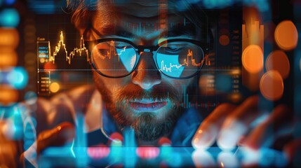 Leinwandbilder - A professional with a tablet, showcasing hologram graphs of stock market trends and charts. Generative AI.