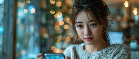 Aufkleber - A young asian woman uses innovative future technology to view her phone data and functions as holographic displays around her.