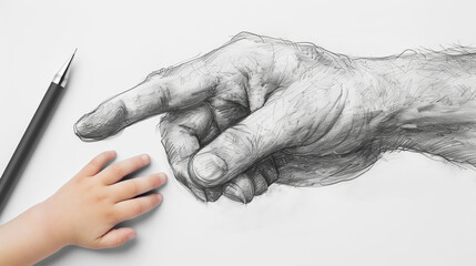 Wall Mural - happy fathers day illustration sketch of father and kid hands on white paper, love bond, happy family 