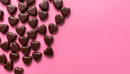 Wall Mural - top view of heart shaped chocolate candies on pink background