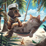 Fototapeta Konie - A cat and a dog rest in a hammock on the beach among palm trees