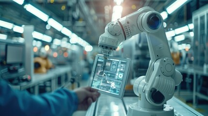 Aufkleber - A future driven factory with robot arms working in the background, foreground a transparent tablet hold by a worker. Generative AI.