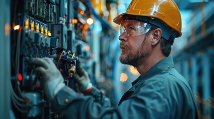 Poster - A facility manager conducting a routine inspection on a transformer, using tools and safety gear. Generative AI.