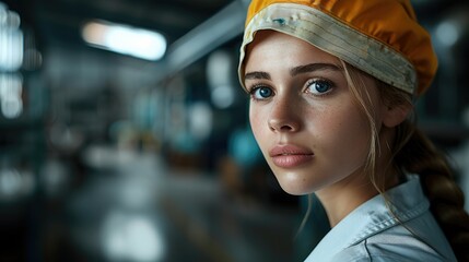 Aufkleber - Female worker in a factory against a black background. Generative AI.