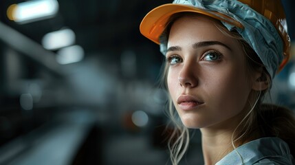 Aufkleber - Female worker in a factory against a black background. Generative AI.
