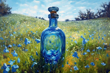Exquisite Blue Glass Bottle With Flax Oil. A Transparent Beautiful Flacon With A Shiny Lid