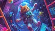 This vibrant digital art showcases a cat astronaut in a colorful space adventure, perfect for animated content and space exploration themes, with ample space for text.