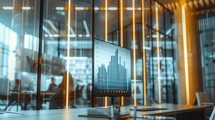 Aufkleber - A big modern office with displaying a clear, upward-trending growth chart. strong vibe. Generative AI.