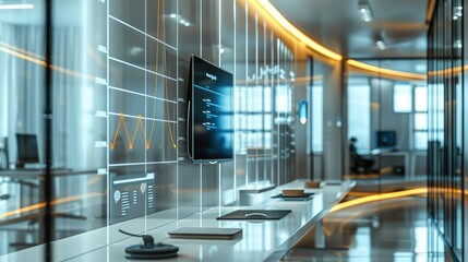 Aufkleber - A big modern office with displaying a clear, upward-trending growth chart. strong vibe. Generative AI.