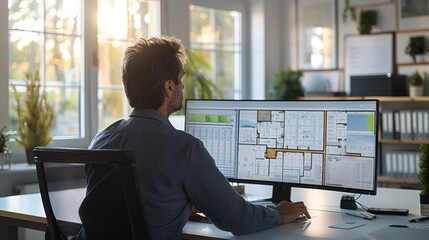 Poster - A male construction estimator sitting in front of a large monitor, working on a takeoff plan of a single family home. Generative AI.