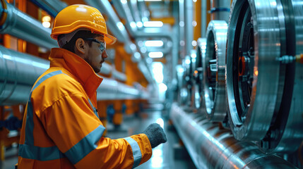 Poster - An engineer inspecting a wall of industrial pipes. Generative AI.