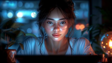 Aufkleber - The stylish female is working on her computer in the evening in a company office. The young manager is browsing the internet, shopping online, and reading social media posts from friends and