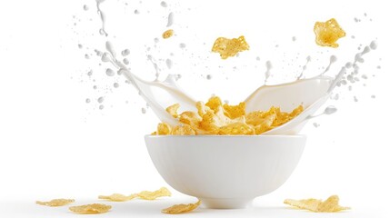 Wall Mural - Corn flakes with milk splash in white bowl isolated on white background.