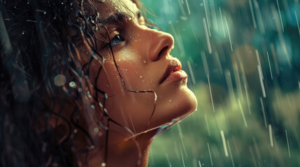 Wall Mural - Emotional close up portrait of a woman looking up under the rain