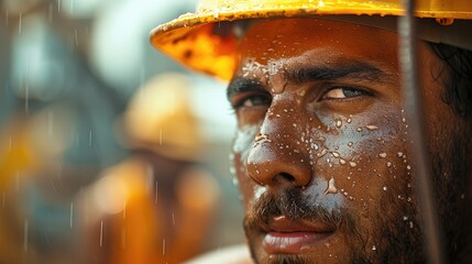 A hardworking construction worker laboring under the scorching sun, beads of sweat glistening on their forehead. Generative AI.