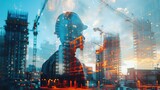 Fototapeta  - Future building construction engineering project concept with double exposure graphic design. Building engineer, architect people or construction worker working with modern civil equipment
