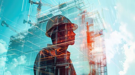 Canvas Print - Future building construction engineering project concept with double exposure graphic design. Building engineer, architect people or construction worker working with modern civil equipment