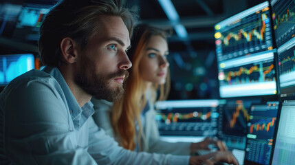 Poster - A male and female stock option traders on a multi screen trading computer in a modern high tech office working under pressure against the time. Generative AI.