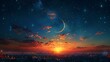 The crescent moon and star on a dusk sky with the beautiful sunset behind it, adding arabic text to it, Ramadan, Eid al-Adha, and Eid al-Fitr, Mubarak.