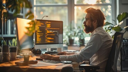 Poster - A programmer engrossed in work at their computer station in a well-lit, inviting environment, clearly enjoying work. Generative AI.