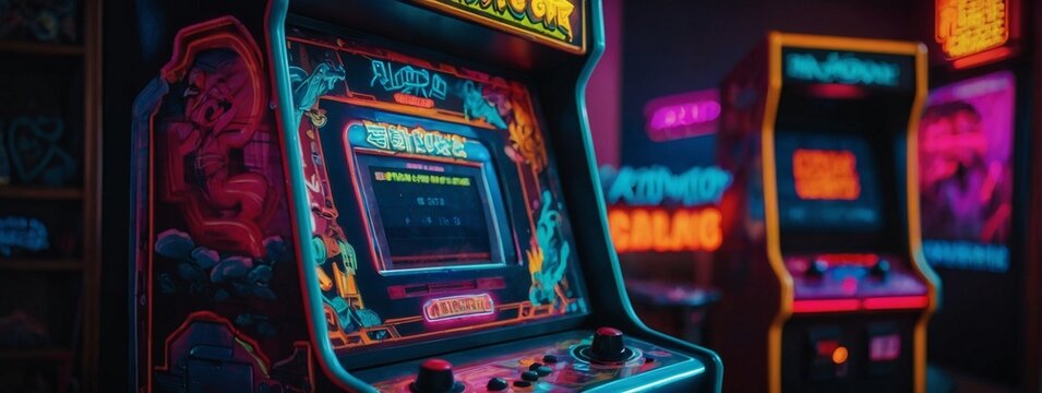 Retro arcade gaming setup with colorful neon lights and classic arcade machines. Perfect for gaming websites. 