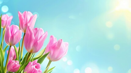  spring flowers banner - bunch of pink tulip flowers on blue sky background