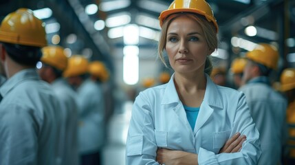 Fototapete - Female senior top manager standing in an industrial manufacturing environment among a group of industrial workers. Generative AI.