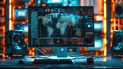Fototapete - A hacker desktop monitor center in the frame. Generative AI.