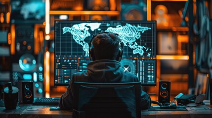 Fototapete - A hacker desktop monitor center in the frame. Generative AI.