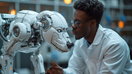 Leinwandbilder - A multiethnic robotics engineer is seated at a desk with a professional industrial scientist in the background while discussing the concept of a robotic dog in a high tech research and development