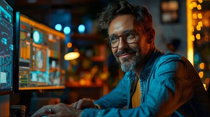 Leinwandbilder - The code is perfect. Here's a picture of a happy computer programmer working on new software.