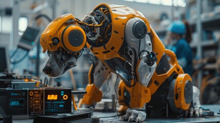 Leinwandbilder - Women and men engineer professionally in a factory development workshop working on an industrial programmable robot dog. A tech facility with machines, computers, and research equipment is also