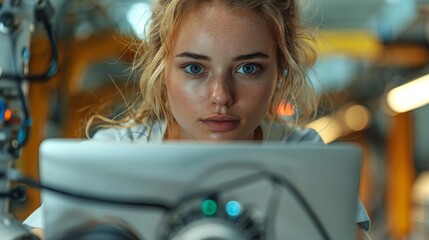 Aufkleber - Photograph of a young robotics engineer with a laptop computer analyzing the concept of a robotic machine in a high tech factory. A female scientist manipulates and programs the robot for work.