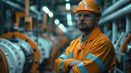 Fototapete - A worker stands next to machinery in a factory. Generative AI.